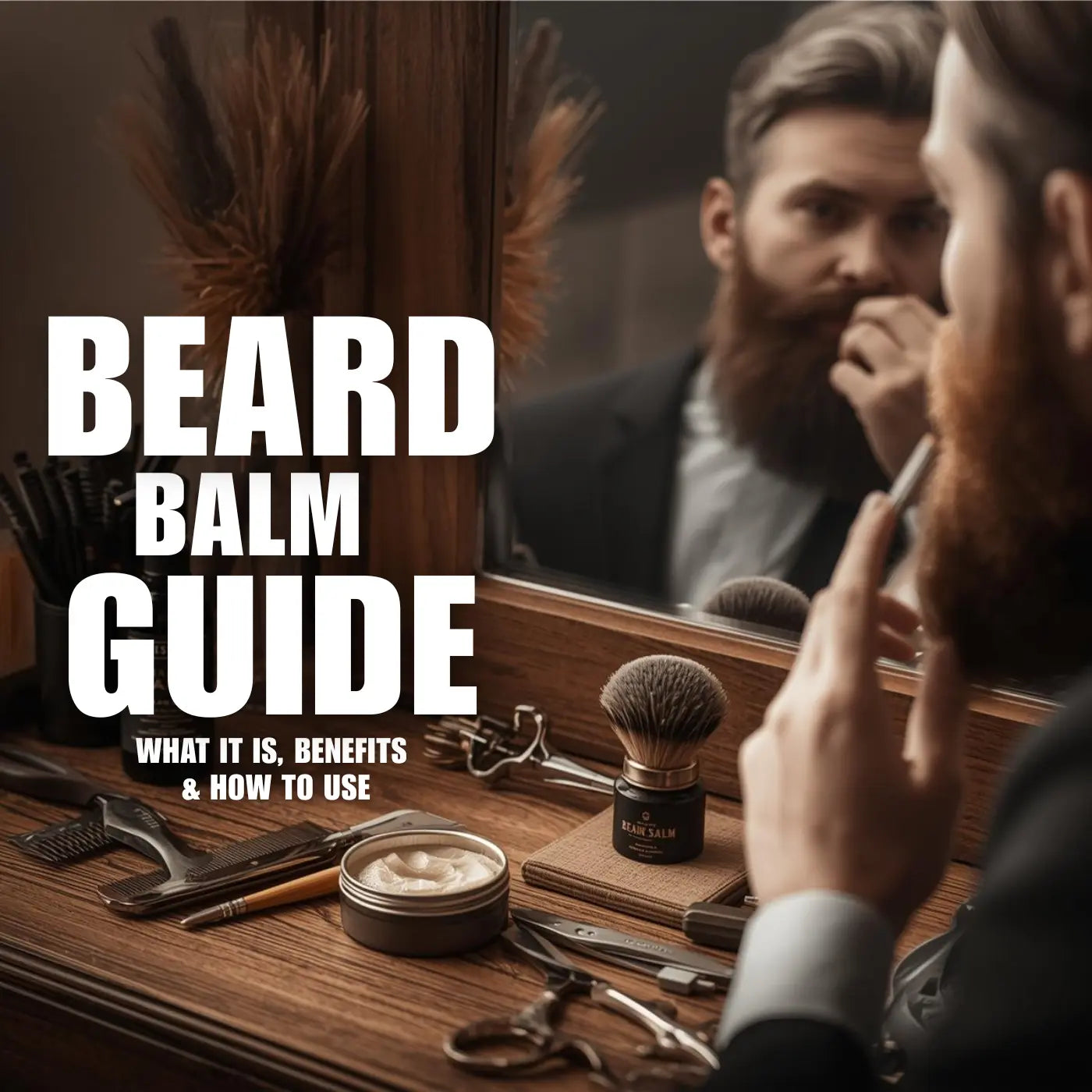 Beard balm guide thumbnail showing a man grooming his beard in front of a mirror with beard balm, beard brush and grooming tools demonstrating beard balm benefits and how to use beard balm for beard care and styling