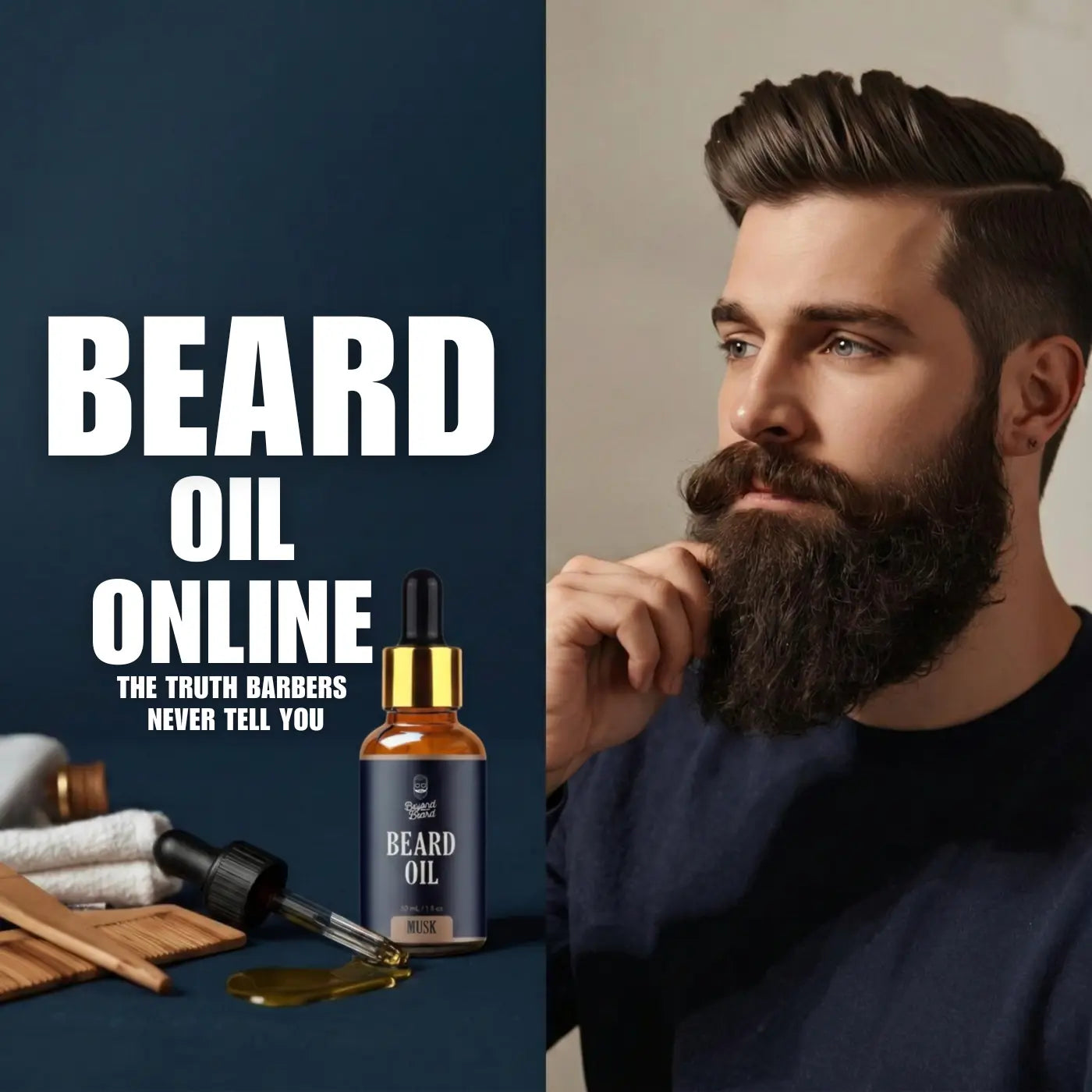 Premium beard oil online blog thumbnail showing a well-groomed bearded man with thick styled beard alongside a beard oil bottle, dropper, and grooming tools demonstrating natural beard grooming and beard oil benefits for men.
