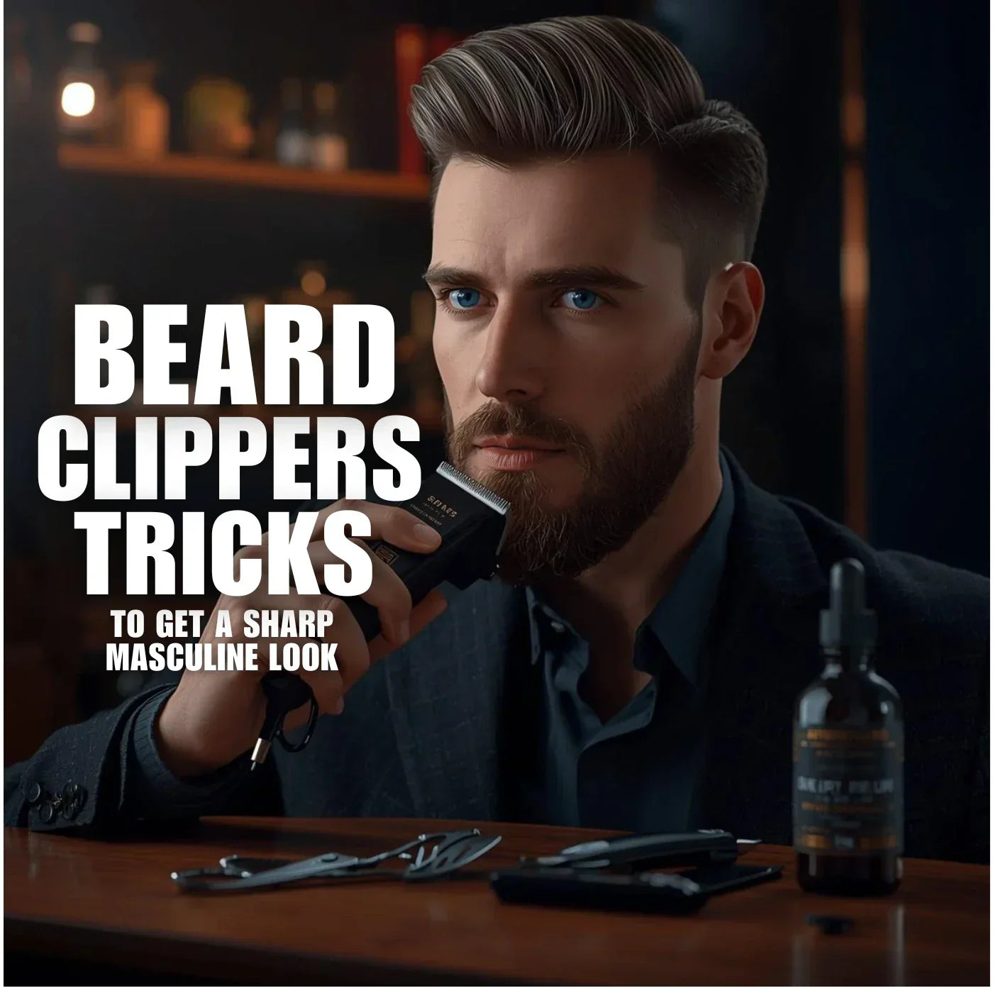 Man using beard clippers to trim a sharp masculine beard look with professional grooming tools and beard oil, showcasing beard clippers tricks for precise beard trimming and styling