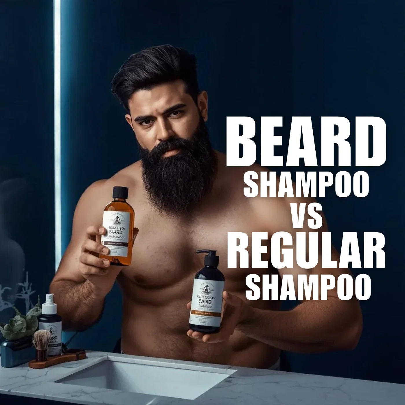 Man holding beard shampoo vs regular shampoo in bathroom – beard shampoo comparison for better beard care, softer beard, and healthy facial hair