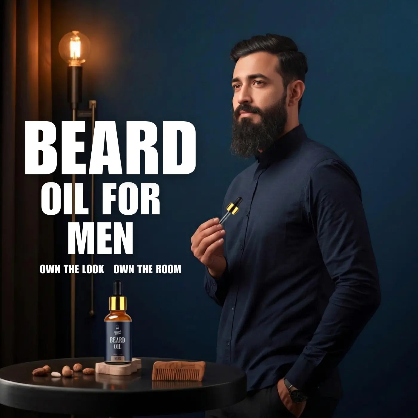 Beard oil for men premium grooming product with bearded model applying natural beard oil for softer facial hair, healthy beard growth, beard care routine and men’s grooming style