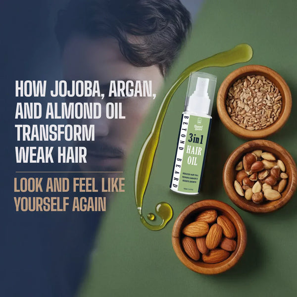 Hair oil for men showing how jojoba, argan, and almond oil transform weak hair, strengthen strands, and restore healthy shine