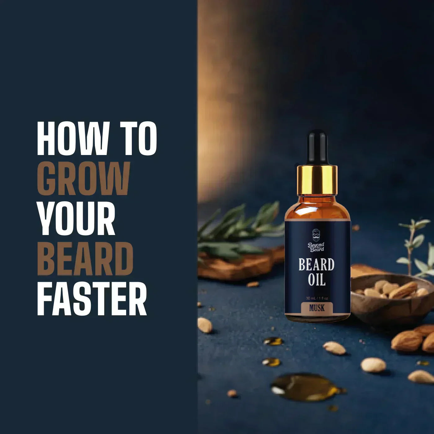 Musk beard oil bottle displayed with natural ingredients, illustrating how to grow your beard faster using beard oil for men as part of an effective beard growth routine.