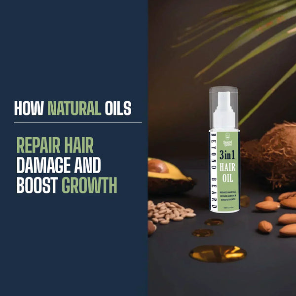 Hair oil for men showing how natural oils like coconut oil and argan oil repair hair damage and boost healthy hair growth