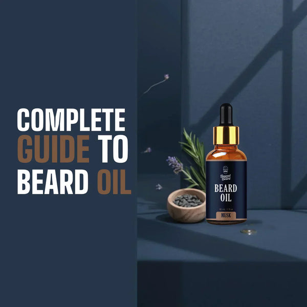 Beard oil guide for men featuring beard oil bottle and ingredients explaining benefits and uses