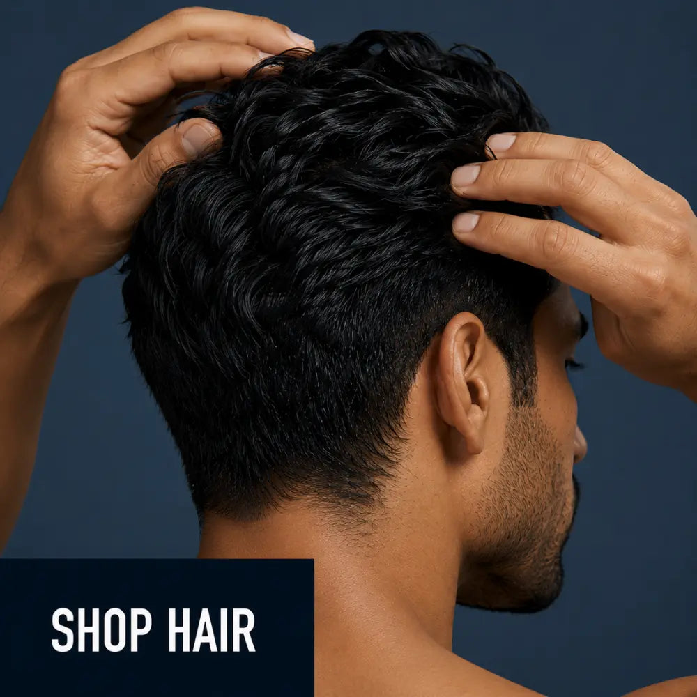 Men's hair care routine with healthy thick hair, hair growth products, scalp care, hair oil, hair grooming and styling essentials for men.