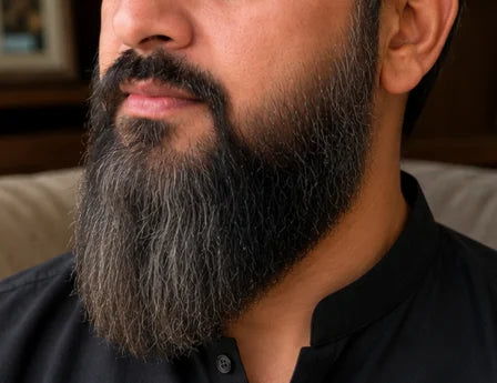 Smooth groomed beard image showing shiny beard hair, softer beard texture, natural grey beard hairs, frizz control, healthy beard look, beard grooming, and beard oil results.