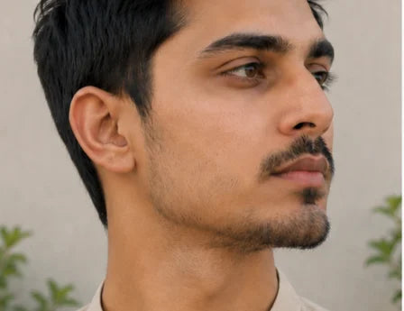 Before image showing patchy beard, thin facial hair, sparse cheek beard, light jawline beard, uneven beard growth, and minoxidil beard growth journey.