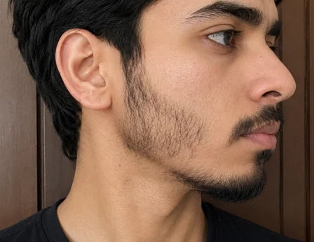 Patchy beard image showing thin facial hair, sparse cheek beard, light jawline beard, uneven beard growth, and minoxidil beard growth journey.