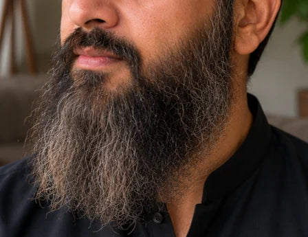 Long dry beard image showing coarse beard hair, frizzy beard texture, natural grey beard hairs, rough beard, beard grooming, beard care, and beard oil routine.