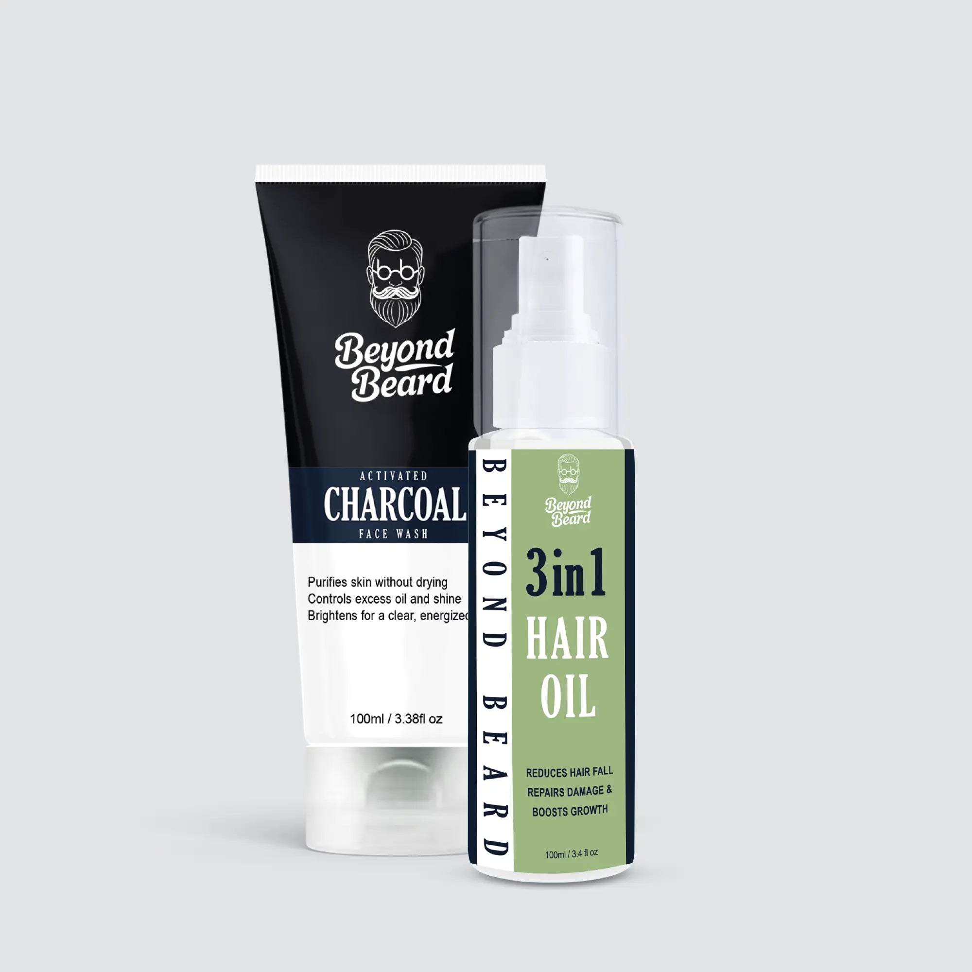 Activated charcoal face wash and 3-in-1 hair oil combo for men by Beyond Beard for oil control, hair fall reduction, and daily grooming