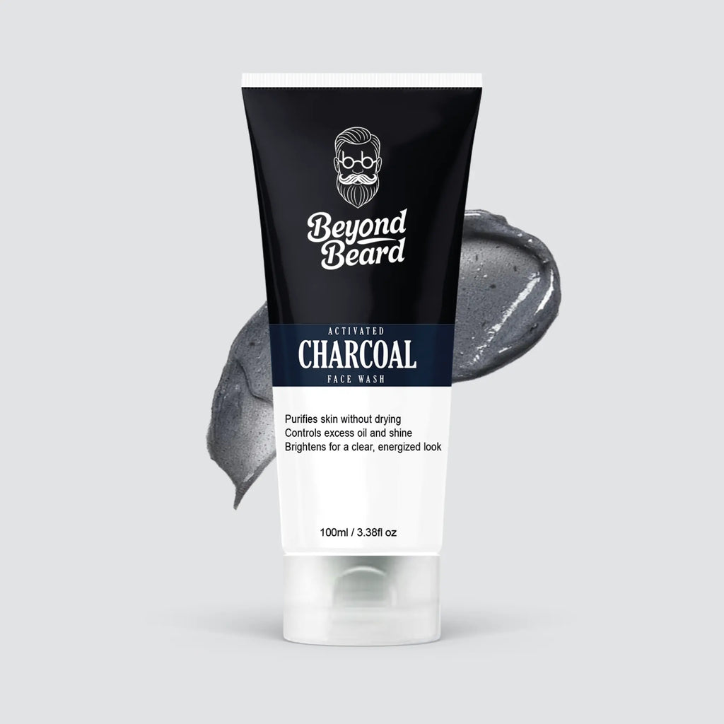 Activated charcoal face wash for men showing Beyond Beard packaging and 100ml size
