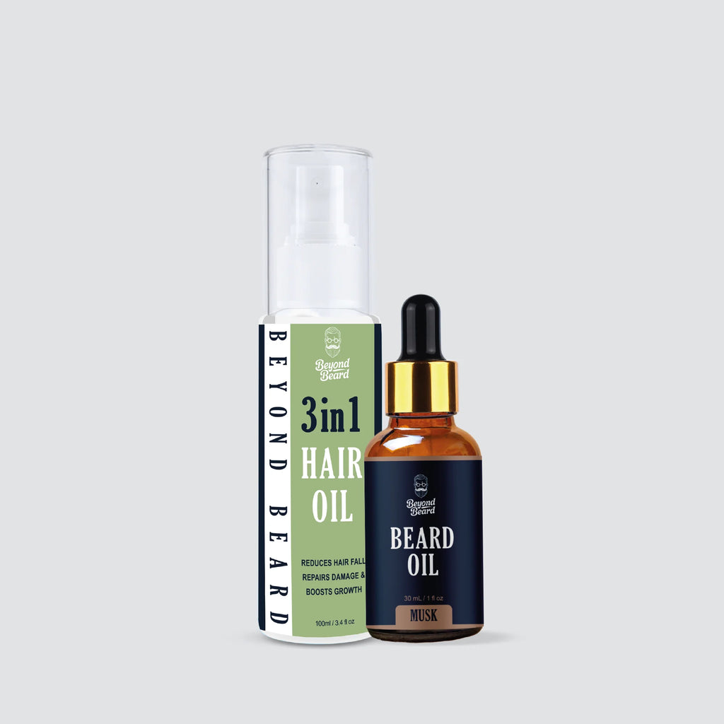 Beard oil and 3-in-1 hair oil combo for men by Beyond Beard for beard nourishment and hair fall