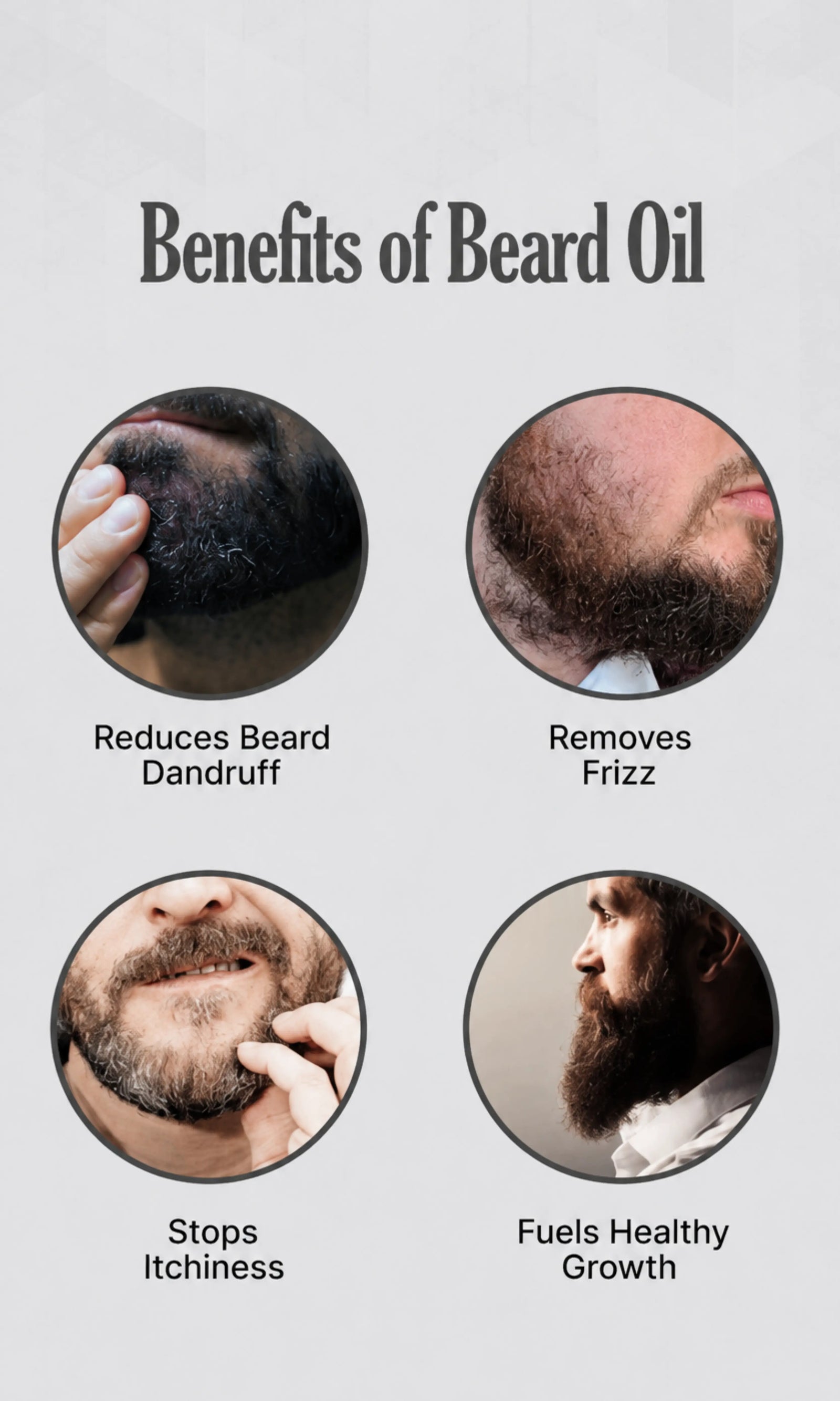 beard oil benefits, beard dandruff, beard frizz, beard itchiness, healthy beard growth.