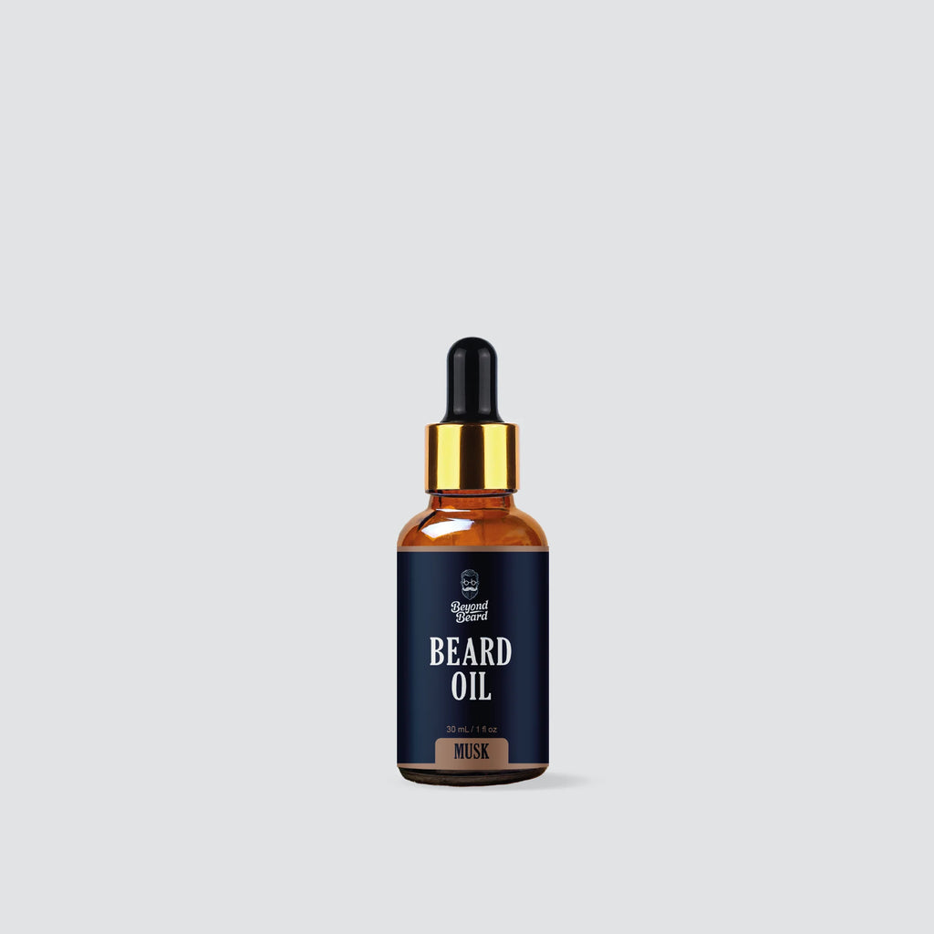 Beard oil by Beyond Beard in musk variant for nourishing, softening, and healthy-looking beards.
