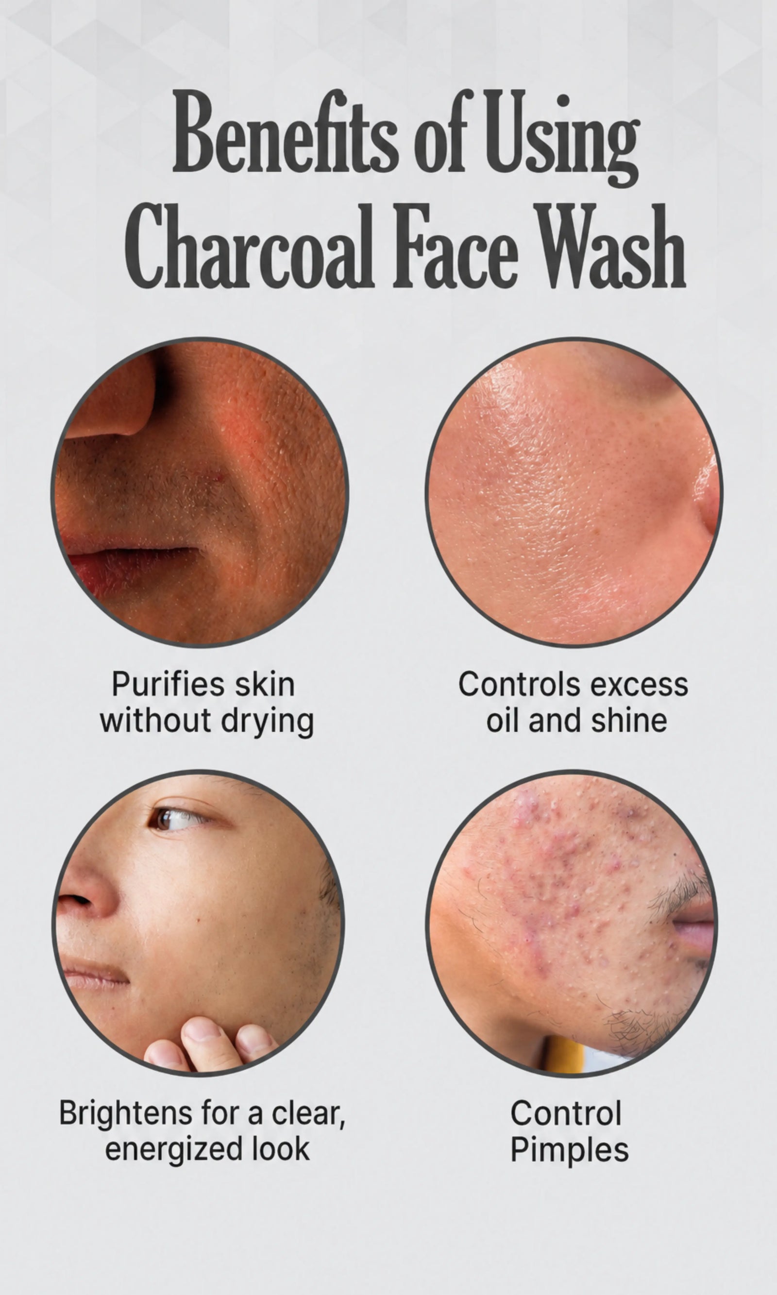 charcoal face wash benefits, oily skin, acne-prone skin, purifies without drying, controls excess oil, brightens skin, controls pimples.