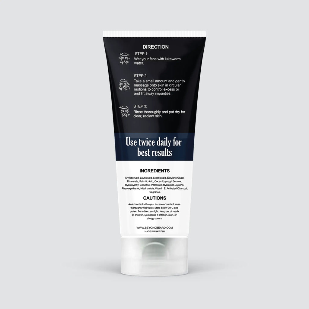 Back view of Beyond Beard face wash for men showing usage directions and ingredients