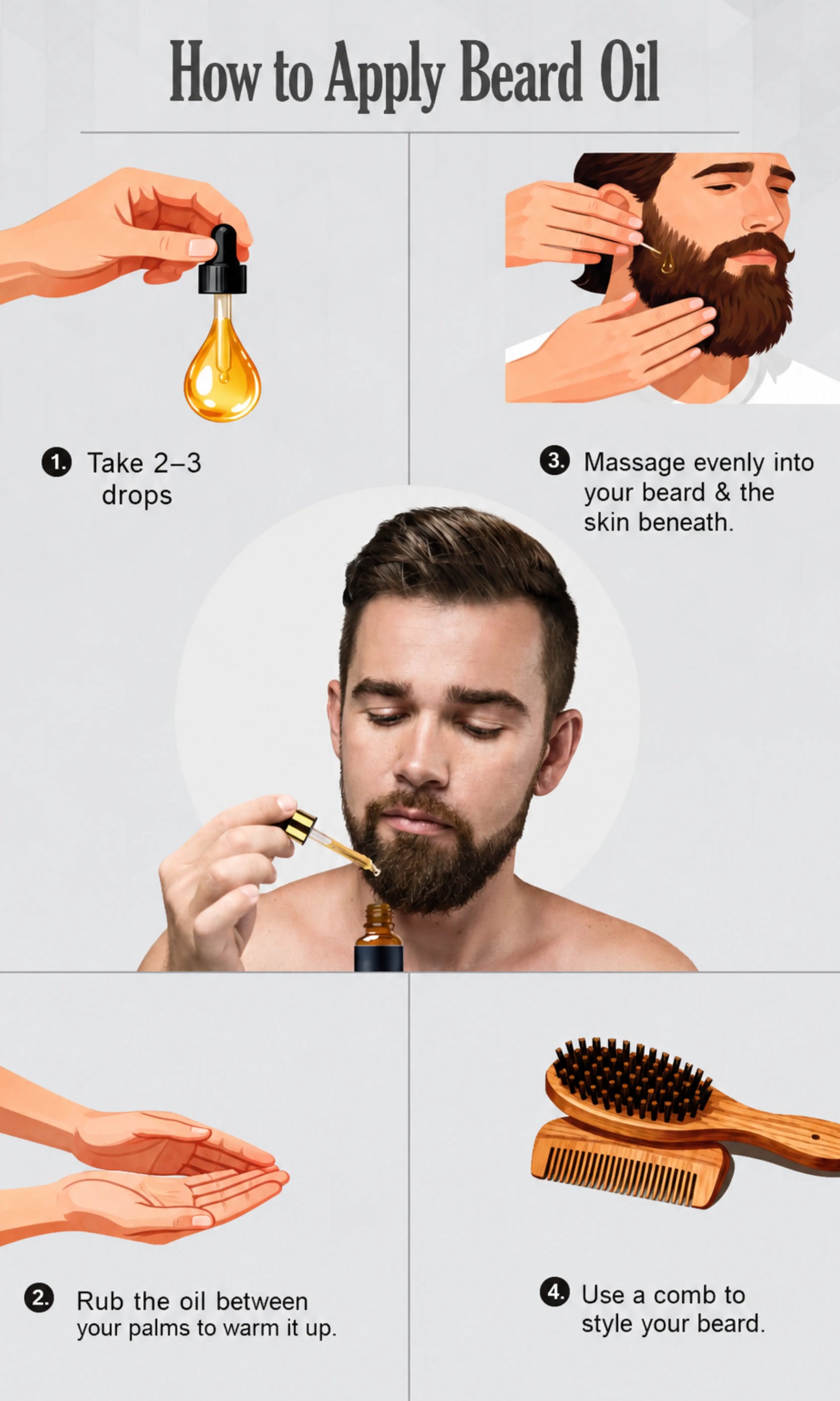 how to apply beard oil, beard oil steps, massage beard oil, beard skin care, comb beard.