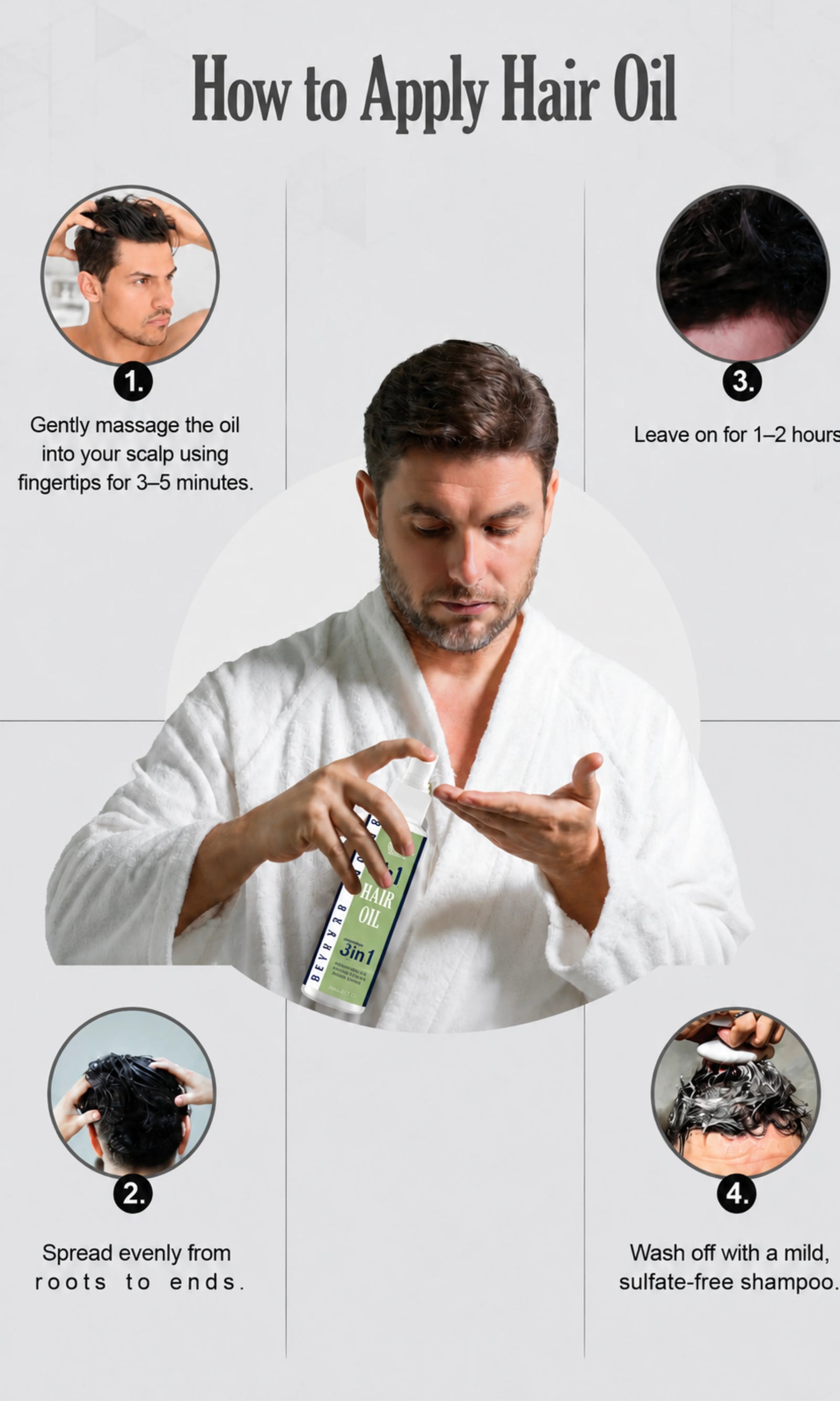 How to apply hair oil: massage scalp, spread from roots to ends, leave for 1–2 hours, wash with sulfate-free shampoo for hair care.