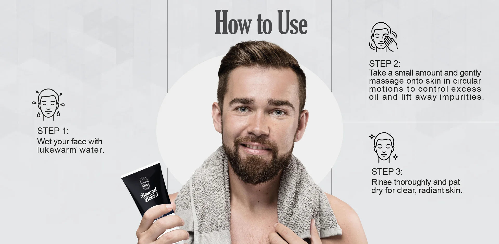 How to use face wash for men – model demonstrating the steps of the best face wash for men, including wetting the face, gently massaging cleanser, and rinsing for clear, healthy skin.
