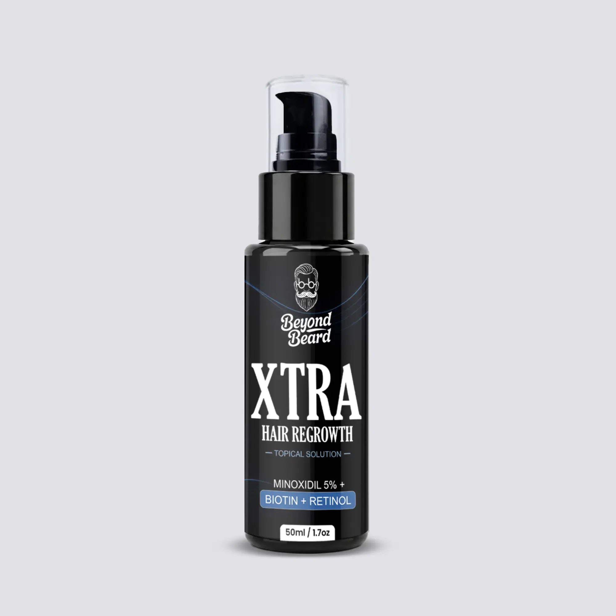 Xtra Hair Regrowth Topical Solution 5% Minoxidil bottle for beard growth, facial hair growth, patchy beard improvement, and hair regrowth treatment by Beyond Beard.
