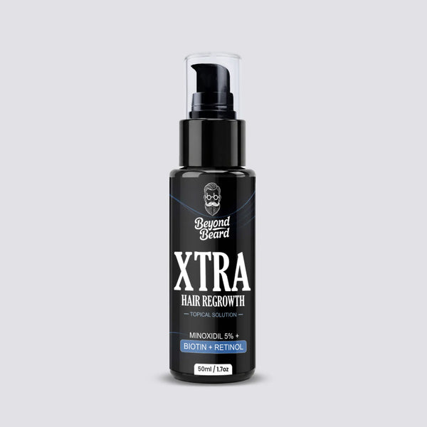 Xtra Hair Regrowth Topical Solution 5% Minoxidil bottle for beard growth, facial hair growth, patchy beard improvement, and hair regrowth treatment by Beyond Beard.